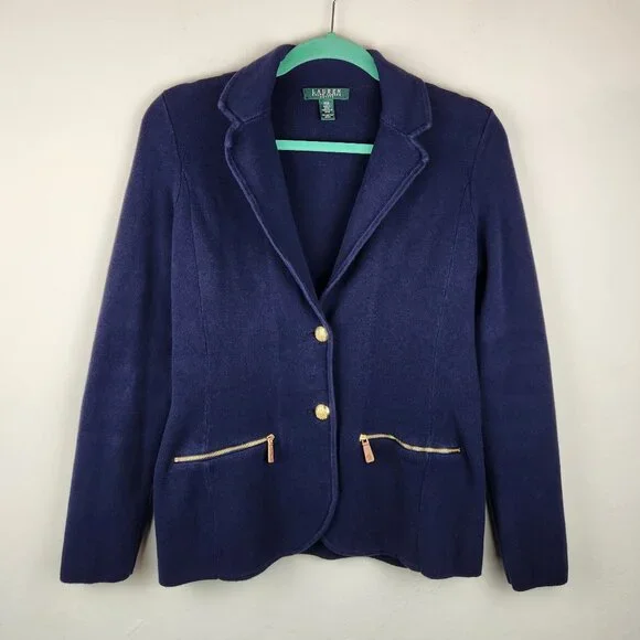 LRL Lauren Ralph Lauren Navy Blue Cotton Knit Sweater Blazer sz PM - Picture 1 of 10